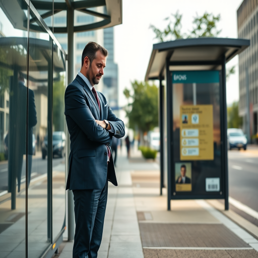a businessman in a suit standing at a bus stop checking his watch, urban setting, natural lighting, shot with a 50mm lens at f/1.8, ISO 200, shutter speed 1/125s, taken with a DSLR camera from a low angle to emphasize perspective and create depth