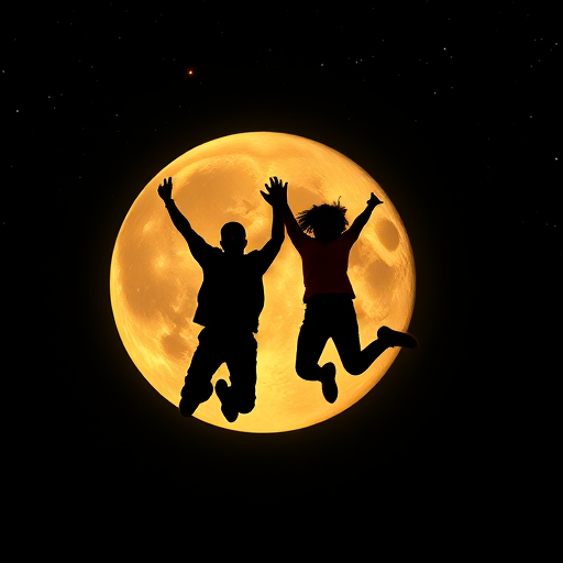 Create a silhouette image of two people joyfully jumping in front of a large, glowing full moon with a starry night sky, captured with a Canon EOS 5D Mark IV, aperture f/2.8, shutter speed 1/60s, ISO 800, wide-angle lens at 24mm, in a low-angle view to emphasize the moon's size and the subjects' excitement.