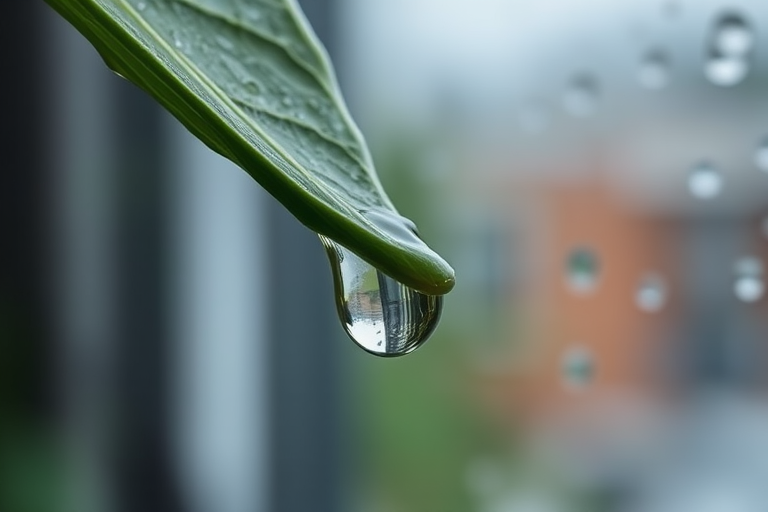 Sharp, high-resolution close-up of a raindrop clinging to the tip of a leaf, soft light reflecting off its surface, tiny veins in the leaf visible, and the quiet sound of rain tapping against windows in the background.