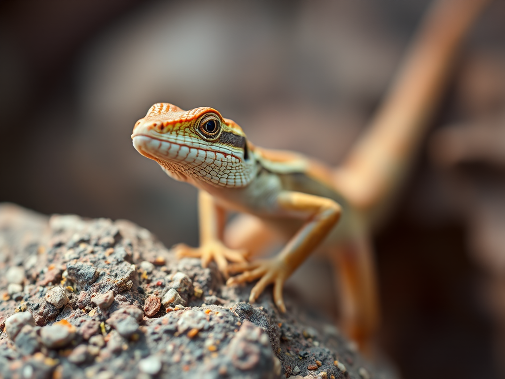 Close-up of a lizard on a rock, 50mm lens, f/2.8 aperture, 1/200 sec shutter speed, ISO 100, natural light, shallow depth of field, DSLR camera, vibrant colors.