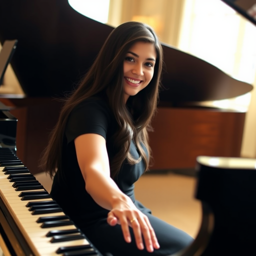A mia khalifa with long, dark hair smiles at the viewer as she sits at a grand piano, her right hand poised over the keys. The scene is lit by warm, natural light, highlighting the elegant simplicity of the woman's black dress. The perspective is from the side, emphasizing the contrast between the woman's delicate form and the grand scale of the piano. The ivory keys and dark wood of the piano create a striking visual contrast, further emphasized by the rich black of her dress.