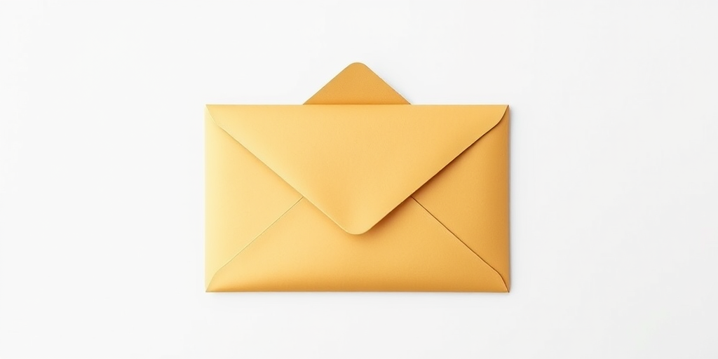 Create a high-resolution image of a golden envelope on a white background, DSLR camera, ISO 100, aperture f/8, 50mm lens, front view, with soft diffused lighting to enhance details and colors.