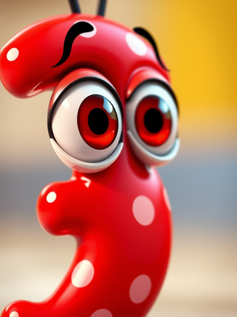 Create a cartoonish illustration of the number three with large eyes and a vibrant red color, featuring a glossy finish and polka dots, captured in a close-up view with a 50mm lens at f/2.8 to enhance depth of field, using a digital camera for high resolution and vivid colors.