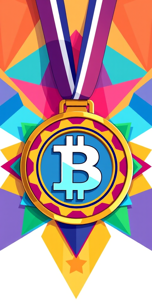 Create a vibrant digital illustration of a medal with a stylized "B" in the center, surrounded by colorful geometric shapes, captured with a DSLR camera at f/2.8, ISO 100, 50mm lens, using a top-down view and soft natural lighting for enhanced detail and clarity.