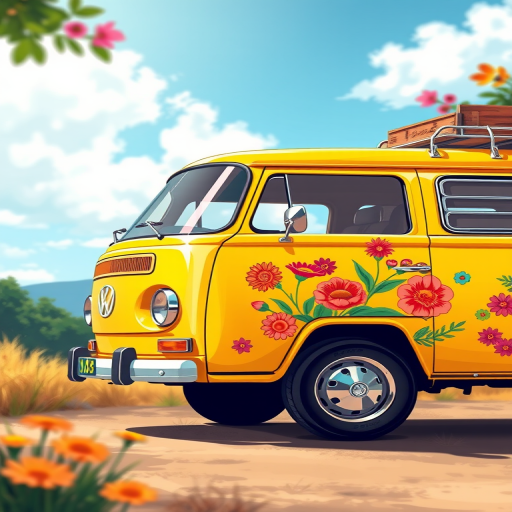 Create a vibrant illustration of a yellow vintage van adorned with colorful floral designs on the side, using a high-resolution digital art style, soft focus background, 35mm lens, f/2.8 aperture, and natural lighting to enhance image quality.