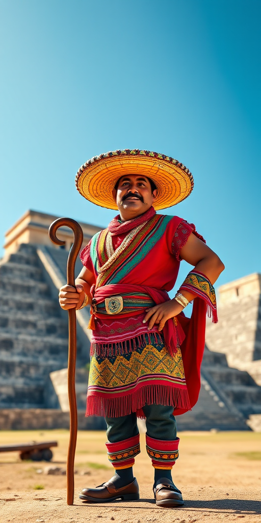 Create an animated character of a Hispanic man wearing a sombrero and colorful traditional clothing, standing confidently with a walking stick in front of ancient pyramids under a bright blue sky, shot with a Canon EOS R5 at f/2.8, 50mm lens, in vibrant colors and high detail.