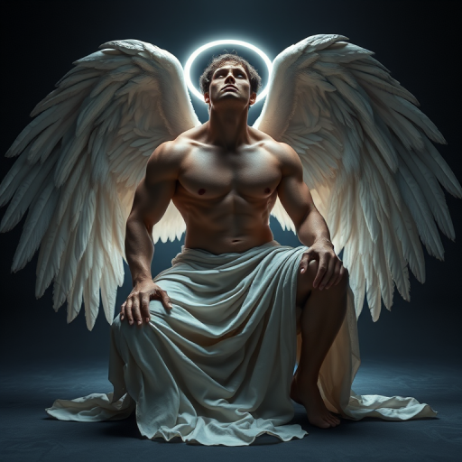 Create an image of a muscular angelic figure with large wings, wearing a flowing draped fabric, seated in a dramatic pose, illuminated from behind with a soft halo of light, using a DSLR, f/1.8 aperture, 85mm lens, ISO 100, over-the-shoulder view, high contrast, deep shadows, and rich textures for enhanced quality.