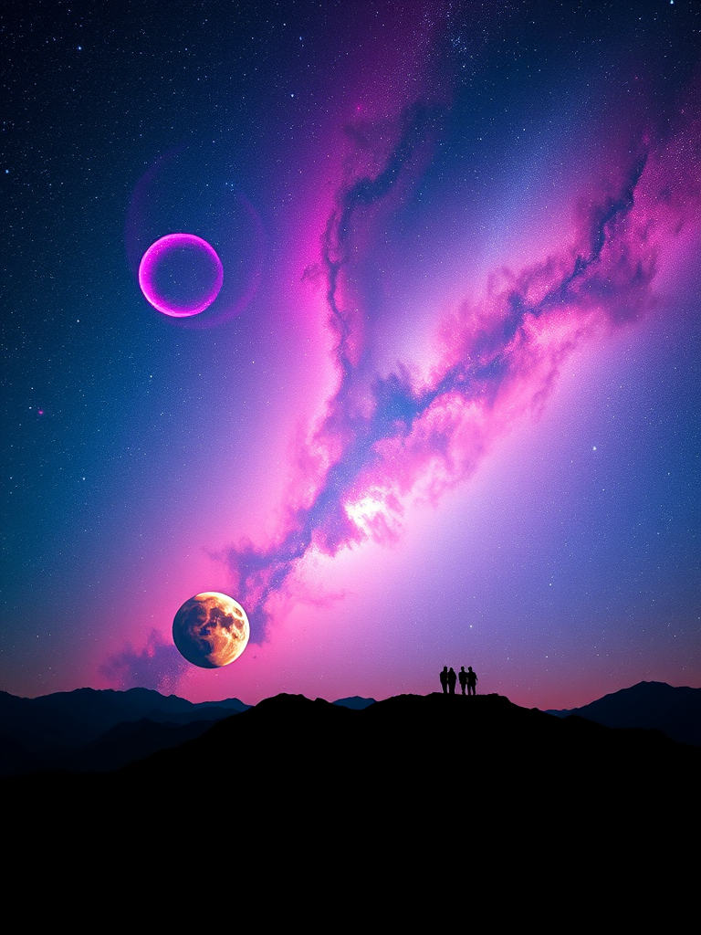 Create a vibrant cosmic landscape featuring a nebula with swirling pink and blue colors, a distant planet with fiery details, and silhouetted figures on a mountain ridge, captured with a Canon EOS R5, 24mm lens, f/2.8 aperture, ISO 100, 30-second exposure.