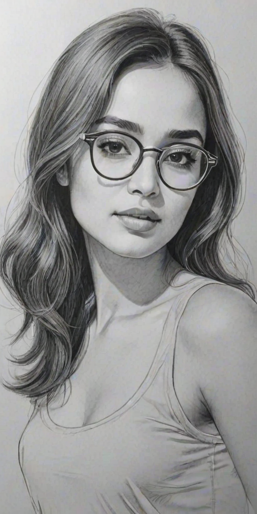 Alluring Summer Bishil, pencil sketch, portrait of Wonderful woman 1968s in glasses, hair style beatnik, outline, clear lines, fine lines, 8k