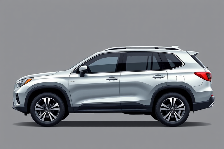 Generate a high-resolution side view illustration of a silver SUV, using a digital illustration style, with a focus on sharp lines and clean gradients, set at 300 DPI, shot from a 45-degree angle with soft lighting for depth.