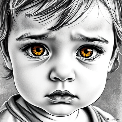 A hyperdetailed photorealistic black and white sketch of a beautiful toddler with deep Yellow eyes, with a macro focus