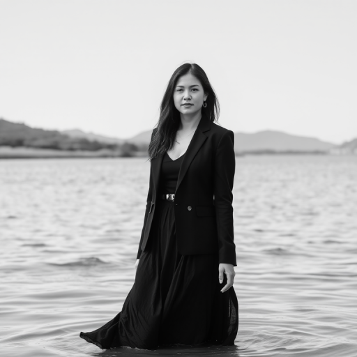 a woman standing in a body of water, wearing a black blazer and a flowing skirt, in black and white, with natural scenery in the background and a calm expression