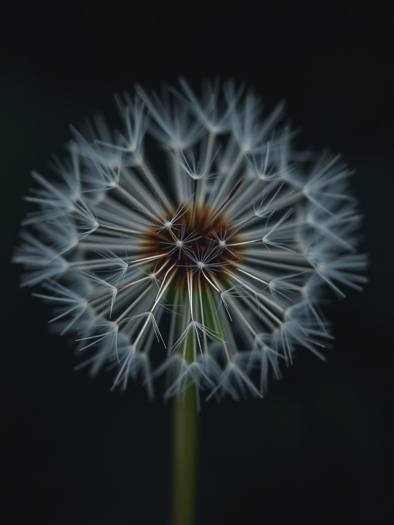 a close-up of a dandelion seed head with delicate white filaments against a dark blurred background