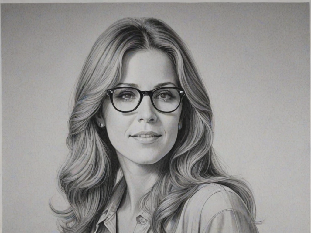 Charming Rita Wilson, pencil sketch, portrait of Dazzling woman 1970s in glasses, hair style beatnik, outline, clear lines, fine lines, 8k