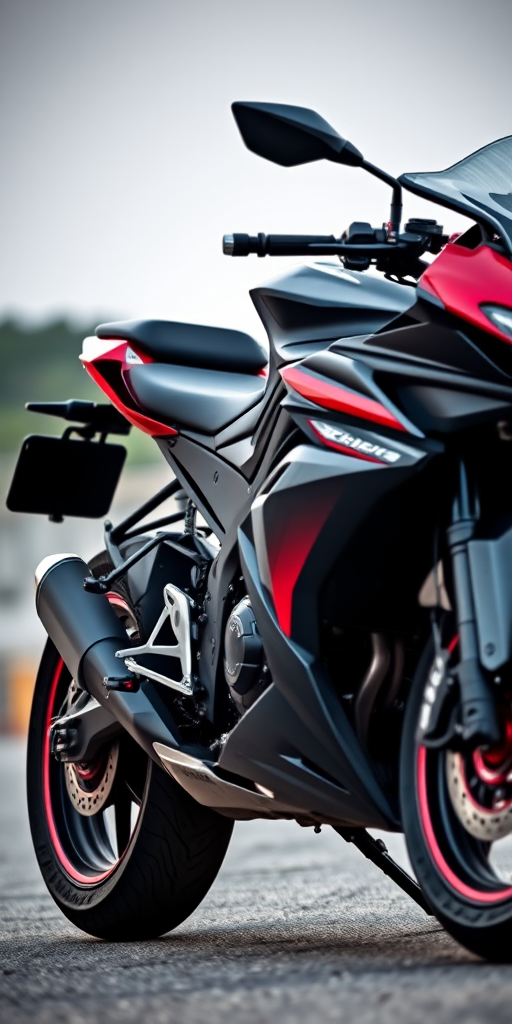 Create a high-resolution image of a black and red motorcycle with a sleek design, shot in a dynamic angle from the right side at a low perspective, using a DSLR camera with a 50mm lens, aperture set to f/2.8, ISO 200, and a shutter speed of 1/500 seconds to capture sharp details and vibrant colors against a subtle blurred background.