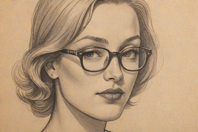 Attractive Mariana Trevino, pencil sketch, portrait of Graceful woman 1933s in glasses, hair style beatnik, outline, clear lines, fine lines, 8k