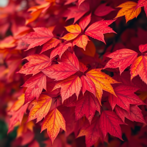 close-up shot of vibrant autumn leaves in shades of red, orange, and yellow, captured with a macro lens at f/2.8, ISO 100, shutter speed 1/250s, natural light, all-focus composition