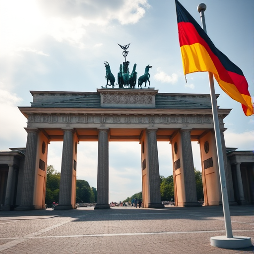 Create an image of the Brandenburg Gate in Berlin with the German flag in the foreground, taken with a DSLR camera at f/8 aperture, ISO 200, 24mm focal length, using a wide-angle lens and a bright daylight setting to enhance sharpness and color saturation.