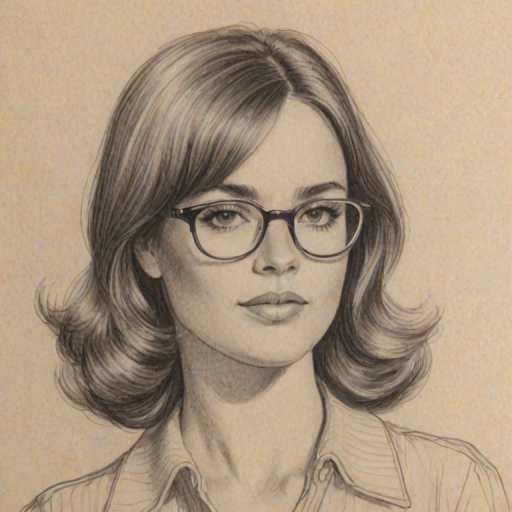 Charming Charley Koontz, pencil sketch, portrait of Lovely woman 1973s in glasses, hair style beatnik, outline, clear lines, fine lines, 8k