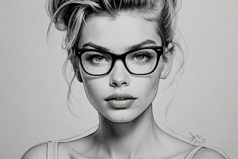 Enticing Stella Maxwell, pencil sketch, portrait of Fetching woman 1958s in glasses, hair style beatnik, outline, clear lines, fine lines, 8k