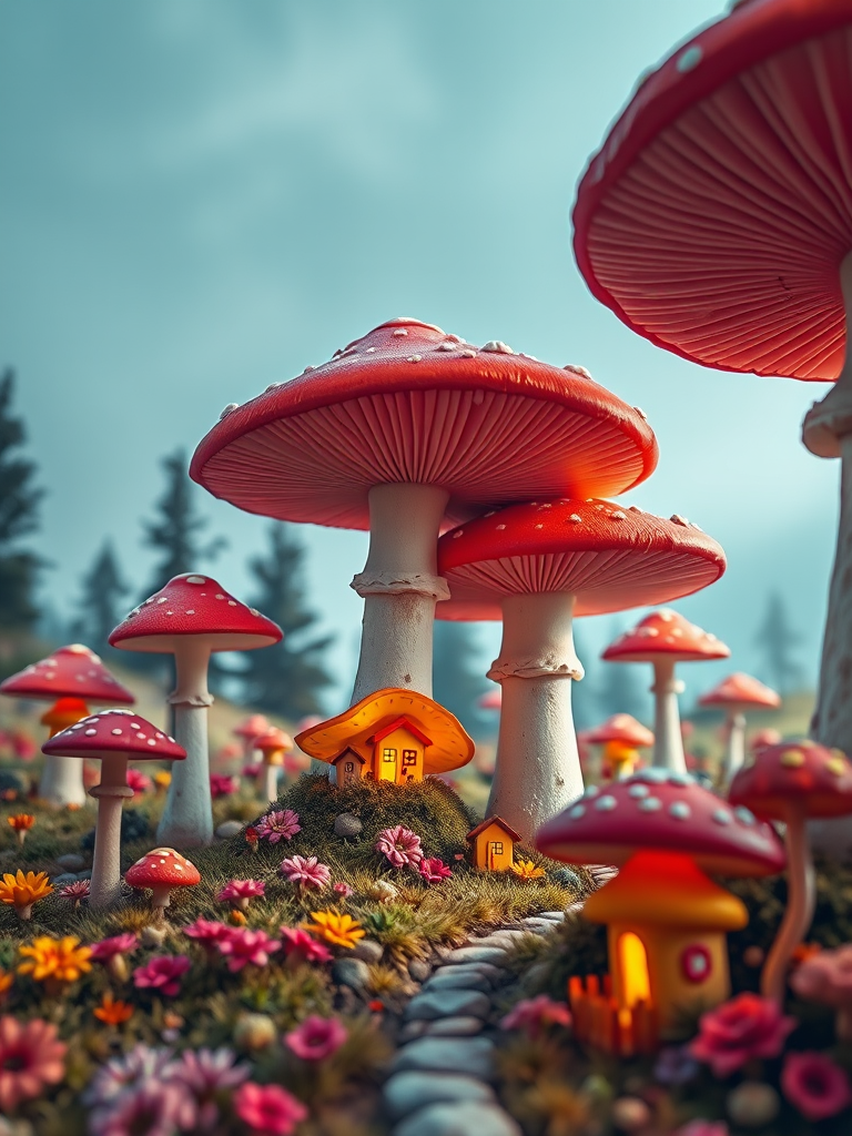 A whimsical landscape featuring oversized mushrooms in vibrant colors with small, glowing homes nestled among them, captured with a DSLR camera, 35mm lens, f/2.8 aperture, ISO 200, 1/125s shutter speed, in soft, diffused natural light.