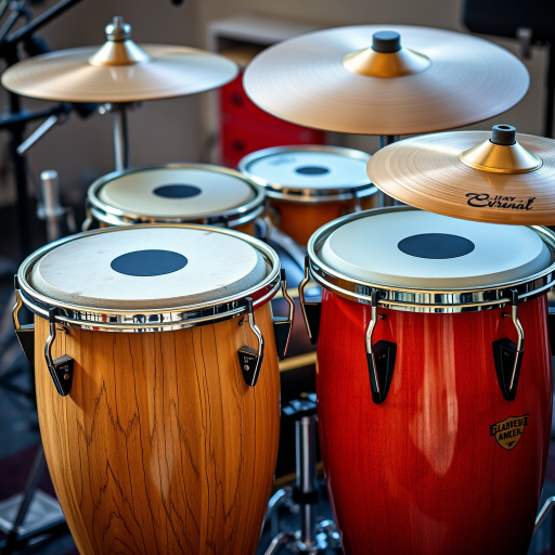 Create a detailed and vibrant image of a percussion setup featuring conga drums, bongos, and a cymbal, shot with a DSLR camera at f/2.8 aperture, ISO 200, in natural light from a slightly elevated angle to enhance depth and texture.