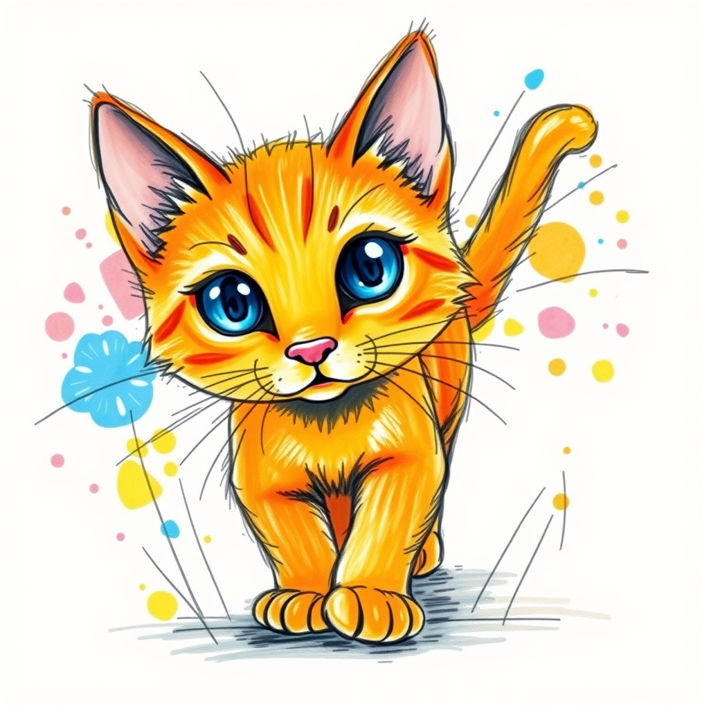 A vibrant childs coloured pencil drawn illustration of a bright orange cat with large, expressive blue eyes, a very cute style. The cat appears to be walking towards the viewer, surrounded by an abstract splash of colors and fine black lines, giving the image a dynamic and artistic flair. The background is a soft beige, highlighting the cat's vivid coloration and playful demeanor. Naively drawn scratchy line style.