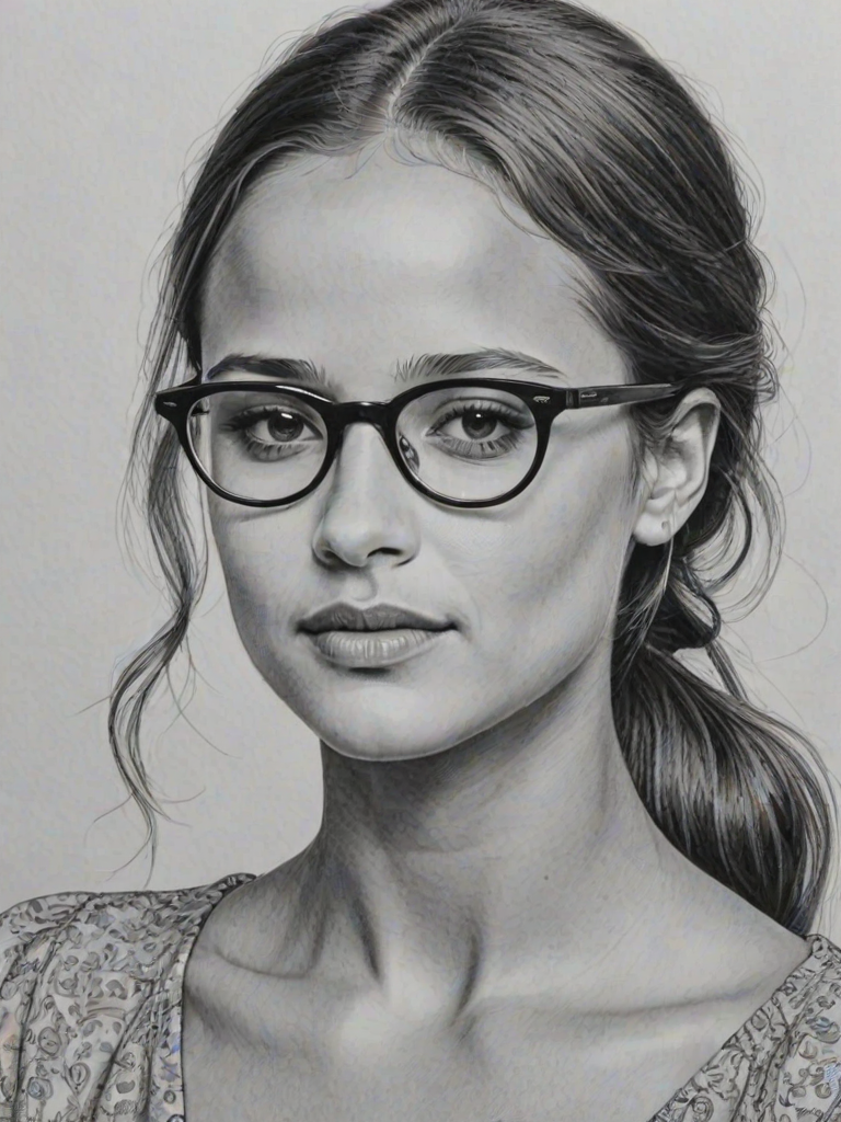 Gorgeous Alicia Vikander, pencil sketch, portrait of Bewitching woman 1962s in glasses, hair style beatnik, outline, clear lines, fine lines, 8k