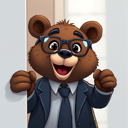 Create a high-resolution cartoon image of a friendly anthropomorphic bear wearing glasses, a suit, and a tie, peeking from behind an invisible wall, shot with a DSLR camera at f/2.8 aperture, 50mm lens, natural soft lighting, and a slight depth of field for focus enhancement.