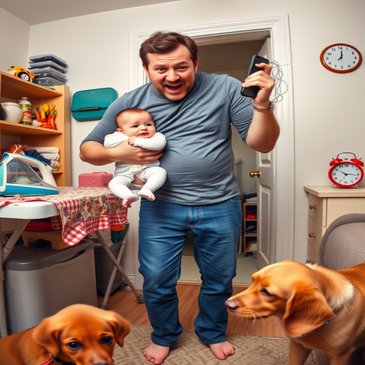 A chaotic scene of a flustered parent multitasking with a baby in one arm, holding a phone to their ear, a cat on the ironing board, a dog at their feet, and an alarm clock in the background; shot with a DSLR camera at f/2.8, 1/60s shutter speed, ISO 400, wide-angle lens for a vibrant, detailed portrayal.