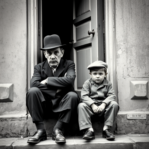 A black-and-white photograph of a man and a child sitting on steps in front of a doorway. The man is dressed as a tramp with a bowler hat, mustache, and ragged clothes, reminiscent of Charlie Chaplin's iconic look. He is sitting with his arms crossed and an expression of slight sadness or frustration. Next to him is a young boy, also in worn clothes and a cap, sitting with his hands clasped, looking thoughtful. The background is an old, textured wall and a partially open door, creating a vintage, early 20th-century atmosphere.
