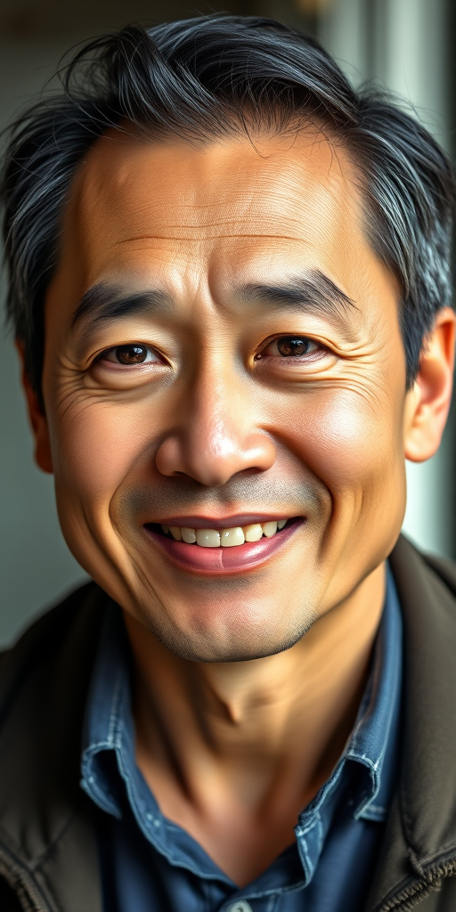 Generate a high-quality vector portrait of a middle-aged Asian man with a friendly expression, shot in 50mm lens, f/1.8 aperture, in natural light, using a mirrorless camera with a soft focus background.