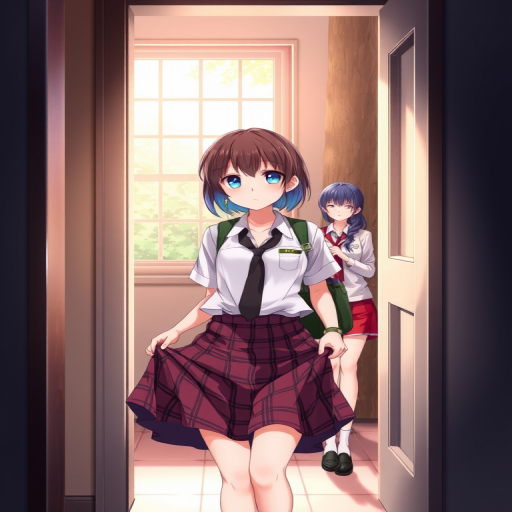 source anime,pov doorway, doorway, asakura toru, pov, walk-in, 1girl, skirt, necktie, school uniform, shirt, shorts, looking at viewer, multicolored hair, white shirt, short hair, indoors, pleated skirt, gradient hair, window, clothes lift, plaid skirt, plaid, skirt lift, pov, earrings, solo focus, black necktie, loose necktie, lifted by self, jewelry, parted bangs, blue hair, 1other, tree, collared shirt, school bag, breast pocket, brown hair, breasts, bag, red shorts, pov hands, parted lips, blue eyes, aqua eyes, clothes around waist, purple hair