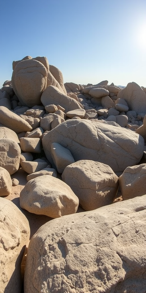 A panoramic view of rugged boulders with unique formations under soft sunlight, captured with a DSLR camera at f/8, ISO 100, shutter speed 1/250 sec, using a wide-angle lens for depth and clarity.