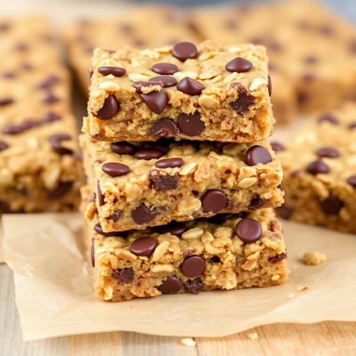 Create an image of a stack of chewy oatmeal chocolate chip bars with a golden brown exterior, studded with chocolate chips and nuts, arranged on brown parchment paper, showcasing a soft and inviting texture.