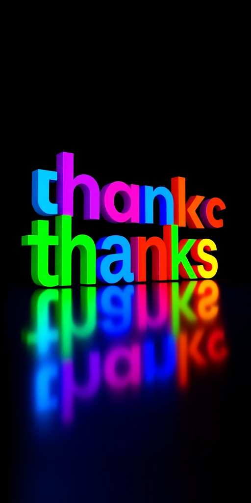 Create a 3D rendering of the word "thanks" with colorful letters in blue, purple, red, green, and yellow, illuminated on a reflective surface with a black background, using a Canon EOS 5D Mark IV, aperture f/8, ISO 100, 50mm lens, low angle view, soft diffuse lighting.