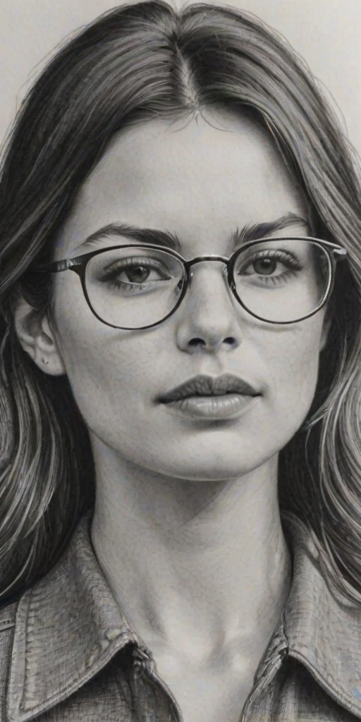 Elegant Amelia Warner, pencil sketch, portrait of Wonderful woman 1971s in glasses, hair style beatnik, outline, clear lines, fine lines, 8k