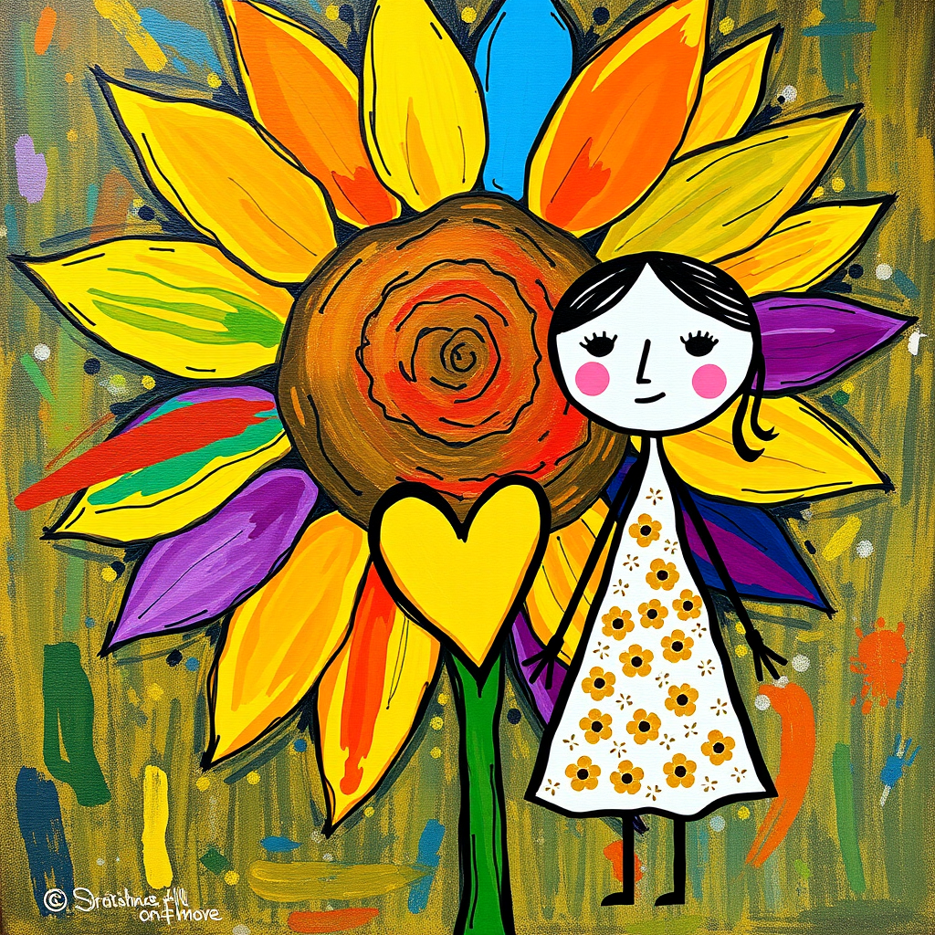 Stylized impressionism painting of a large sunflower with an oversized center and colorful petals. Beside, a young female character with eyes represented by dots and a mouth by a line, pink cheeks, hair attached, arms and legs a black line, flowery white dress triangle shape. A yellow heart surrounded by a black line between the two. Textured background with touches of colorful paint. Childish style.