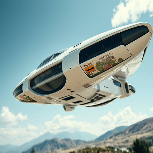 futuristic spacecraft with a sleek design, captured from a low angle in bright daylight, using a DSLR camera at f/8 aperture, ISO 100, 24mm focal length, with a shallow depth of field for enhanced focus and clarity, digitally enhanced for high contrast and vibrant colors