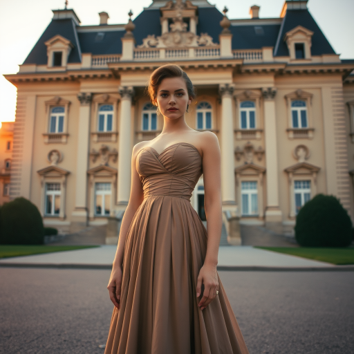 An elegant woman, dressed in a vintage gown, stands in front of a grand, historic building. The setting sun casts a warm, golden light on her