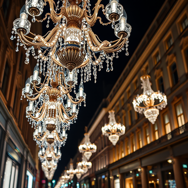 capture a nighttime street scene featuring ornate chandeliers made of lights hanging above, well-lit buildings in the background, focus on the intricate details of the chandeliers, use a DSLR camera with a 50mm lens, aperture set to f/1.8, ISO 400, shutter speed 1/60s, shoot from a low angle for dramatic perspective