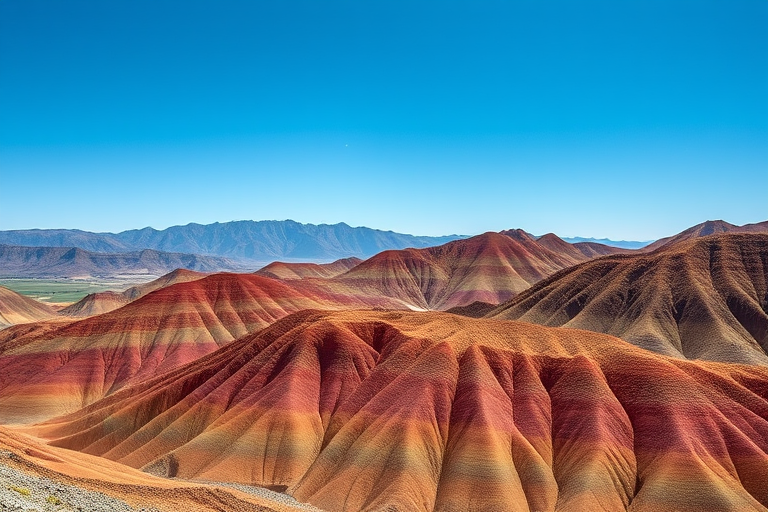 Landscape of colorful hills with rich mineral layers under a clear blue sky, captured with a Canon EOS 5D Mark IV, 24mm lens, f/8 aperture, ISO 100, natural sunlight, high dynamic range, detailed texture focus.