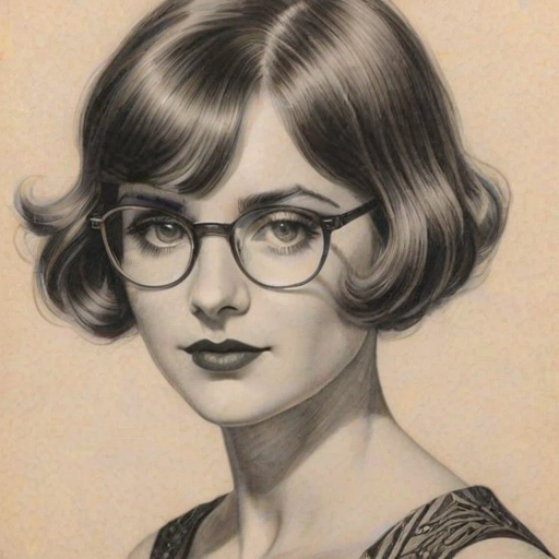 Dazzling Natalie Dyer, pencil sketch, portrait of Exquisite woman 1927s in glasses, hair style beatnik, outline, clear lines, fine lines, 8k