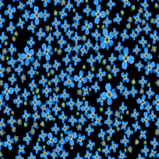 Create a seamless pattern of small blue flowers on a black background, captured with a 50mm lens, aperture f/8, ISO 100, in a macro style with a Canon DSLR camera.