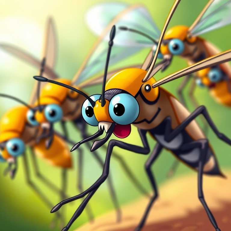 Create a highly detailed illustration of cartoonish mosquitoes with exaggerated features and expressions, focusing on vibrant colors and dynamic poses, using a DSLR camera at f/2.8, ISO 100, 50mm lens, and in high-resolution with a close-up view for enhanced clarity.