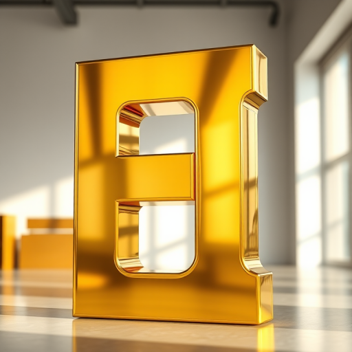Generate a high-resolution image of a large, shiny golden letter F with a reflective surface, captured with a Canon EOS R5, 50mm lens, f/1.8 aperture, ISO 100, in soft natural light, with a slightly blurred background to emphasize the letter.