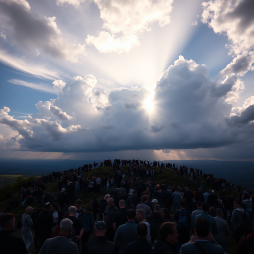 crowd of people standing on a hill under a dramatic sky with clouds and light breaking through, wide angle view, f/11 aperture, ISO 100, 24mm lens, DSLR camera, high dynamic range imaging