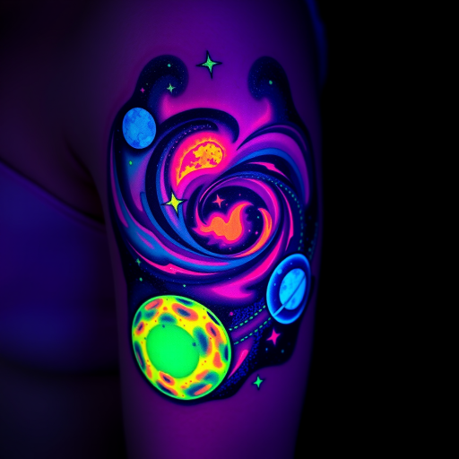 Cosmic galaxy tattoo featuring swirling nebulas, twinkling stars, and vibrant planetary bodies, utilizing UV-reactive ink for a mesmerizing glow-in-the-dark effect under blacklight