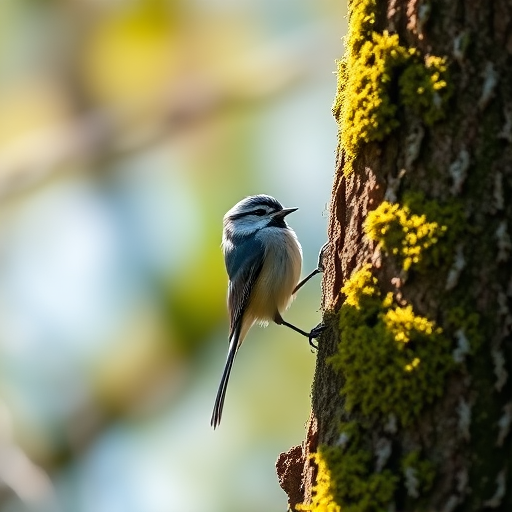 photograph a long-tailed tit perched on the side of a moss-covered tree trunk in a bright, sunny environment with a shallow depth of field, ISO 200, aperture f/4, shutter speed 1/500 sec, 200mm lens, captured in natural light with a DSLR camera for vibrant colors and sharp details