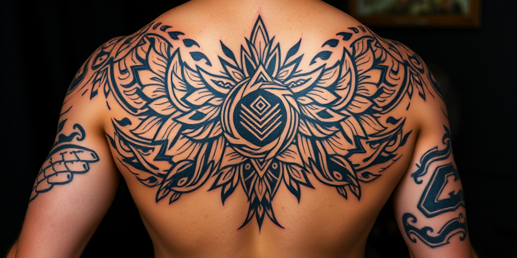 Tribal fusion tattoo named "Ancestral Echoes" blending traditional Polynesian motifs with modern geometric elements to create a unique and dynamic flow across the body